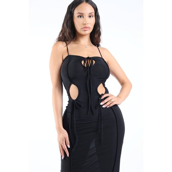 Women's Strappy Dress Cutout Lace Up Sleeveless Maxi Dress Black & Orange - Picture 5 of 9